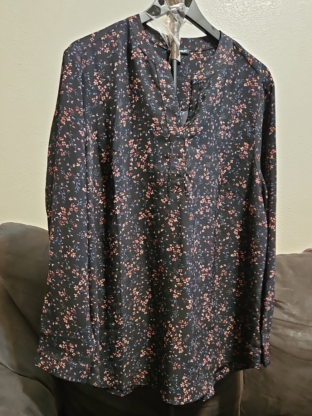 Hilary Radley Black Blouse with Pink Floral Motif